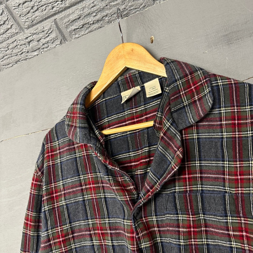 LL Bean Mens Flannel Pajama Top Grey Red Plaid Cotton Sleep Shirt L-REG 500244